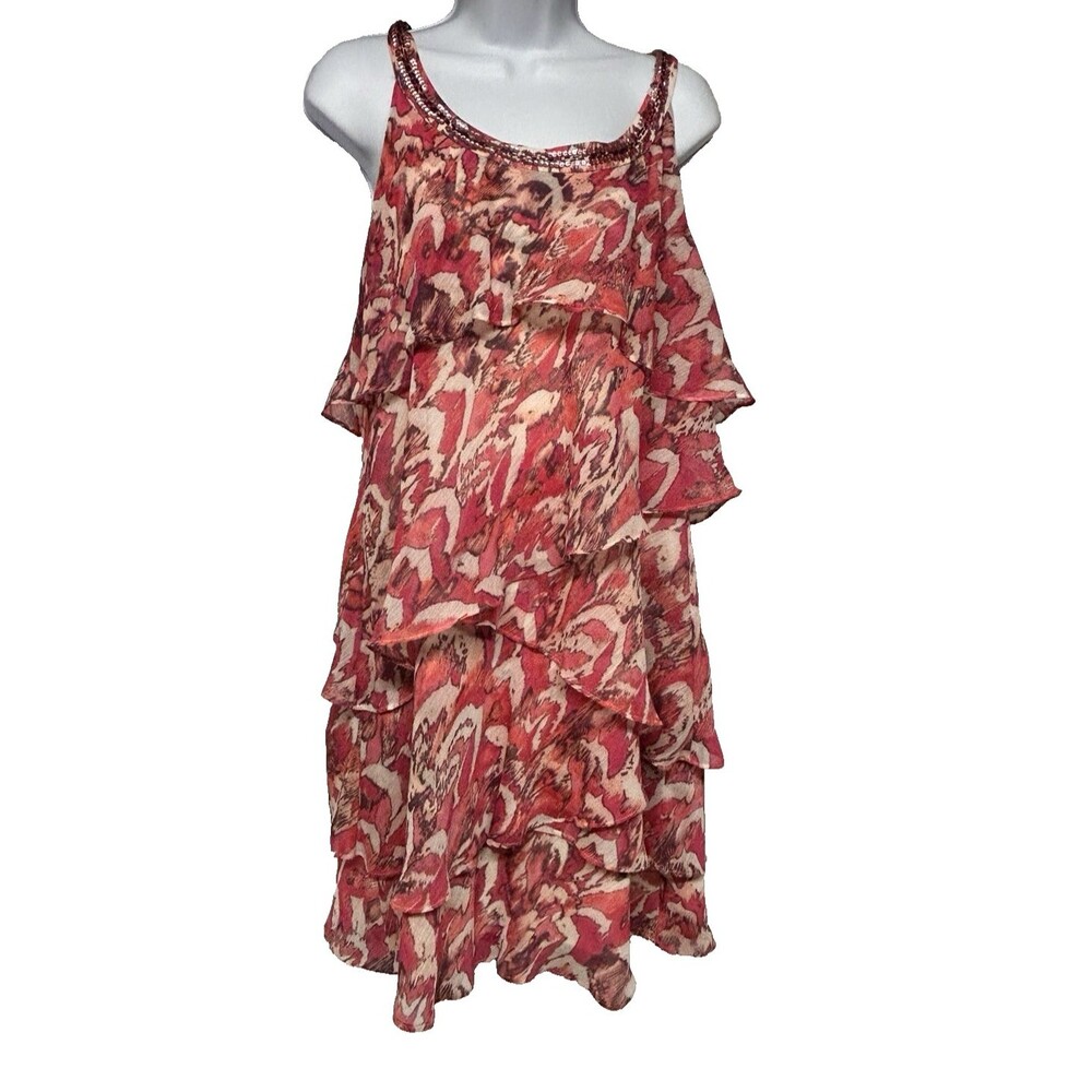 Dressbarn Collection Women's 16 Pinks Tiered Ruffle Lined Sequin Neckline Dress